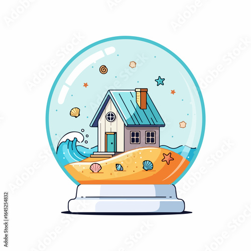 Charming beach house scene captured within a whimsical snow globe, inviting tropical dreams