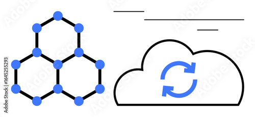 Molecule-inspired network with connected nodes adjacent to cloud featuring synchronization arrows. Ideal for technology, data sharing, cloud computing, networking, collaboration, innovation
