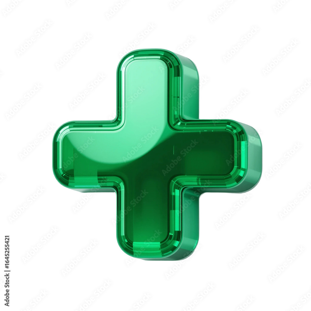 Obraz premium Shiny 3D green plus symbol isolated on white background, representing positivity, health, growth, and increase for medical, business, and educational mathematical designs