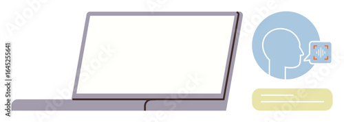 Open laptop alongside a speech bubble symbolizing voice recognition. Ideal for tech innovation, communication, AI, remote work, accessibility, productivity, and digital interaction. Simple flat