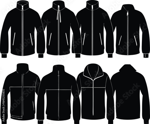 Black Jacket Vector Set: Fashion Apparel, Sportswear, Windbreaker Templates, Design Elements