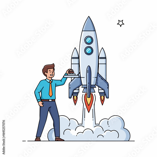 Man serving launch sequence on platter next to roaring rocket ship, symbolizing business success and new beginnings
