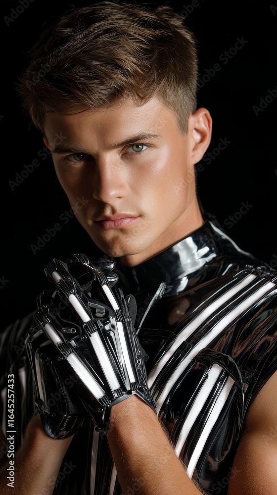 Naklejka premium Portrait of a Male Model in Futuristic Black Latex Attire with Striking Gloves Against a Dark Background