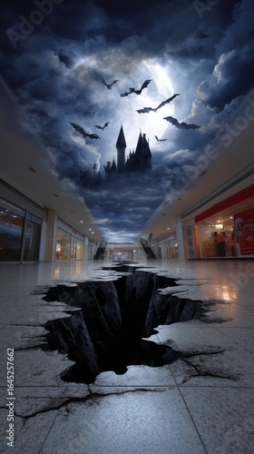 Spooky Floor Sticker of a Deep Crevice in a Mall with a Dark Sky and Flying Bats at Halloween