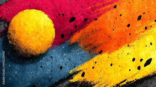 An energetic and imaginative abstract painting featuring bold splashes of color dynamic patterns and a lively textural composition