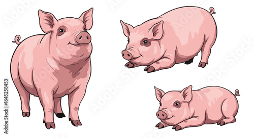 Set of three adorable rosy-cheeked cartoon pigs and piglets in different friendly poses isolated on white.