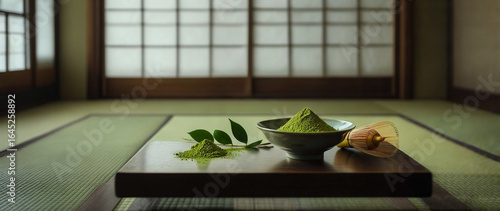 和室の畳に置かれた抹茶と茶筅（ちゃせん）の静物写真 - 茶道、和菓子、健康食品、日本文化のイメージ素材に