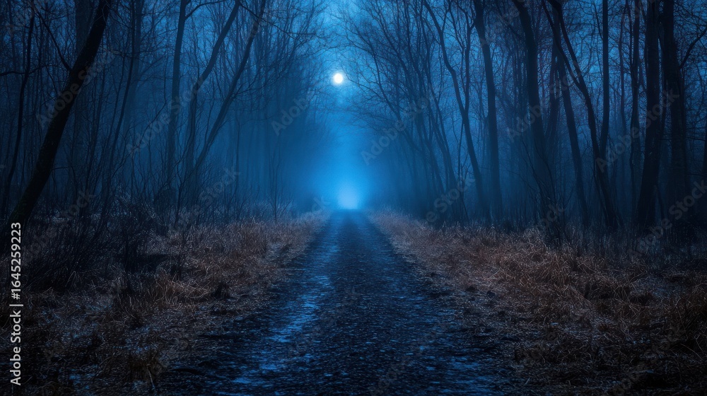 Fototapeta premium Misty forest path at night