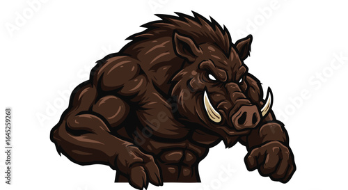 Aggressive wild boar mascot vector character illustration. Strong and muscular hog graphic with a fierce expression, isolated on a white background.