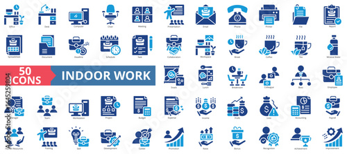 Indoor work icon set flat style collection. Contain office, desk, computer, chair, meeting, presentation, email, printer, file, report, document, deadline, schedule, task, collaboration, workplace