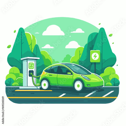 vector flat illustration of a green electric car charging at a station in a park isolated white