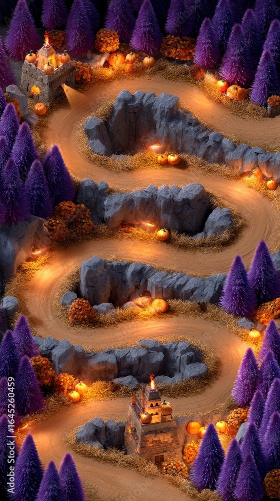 Fototapeta premium Aerial View of a Halloween Themed Game Map Featuring Winding Paths, Spooky Mountains, and Glowing Jack-O'-Lanterns