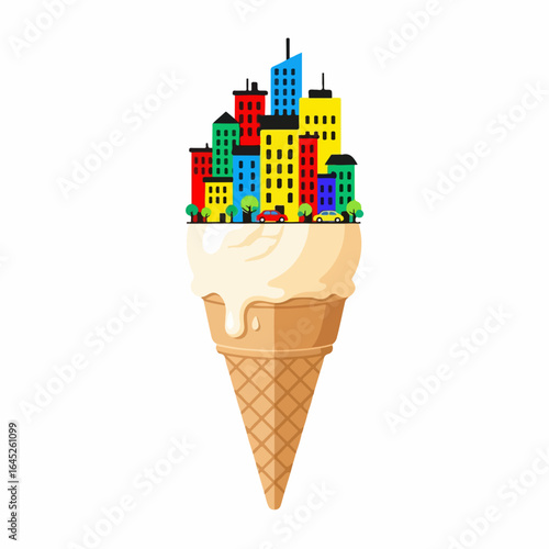 Vibrant cityscape rises from melting ice cream cone, a surreal blend of urban dreams and sweet indulgence