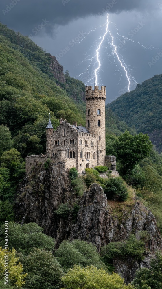Naklejka premium Haunted Castle on Cliffside Surrounded by Lush Greenery with Lightning in Dramatic Stormy Sky