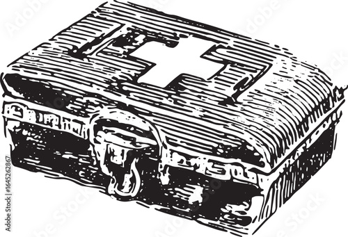 First aid kit with cross symbol in black and white. Handdrawn sketch style vector illustration for medical and emergency themes.