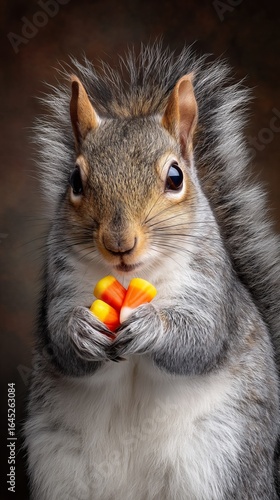 Squirrel Holding Colorful Candy Corn in a Playful Pose Against a Soft Blurred Background for Halloween