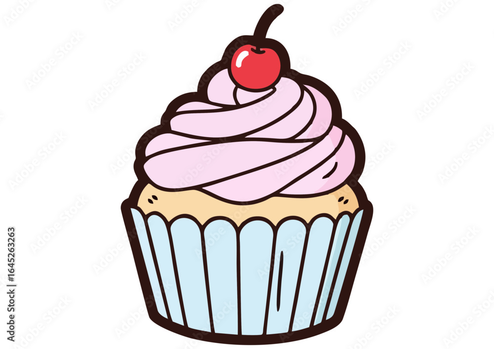 Cute cartoon cupcake illustration with pink frosting and cherry on top Cute cartoon cupcake illustration with pink frosting and cherry on top