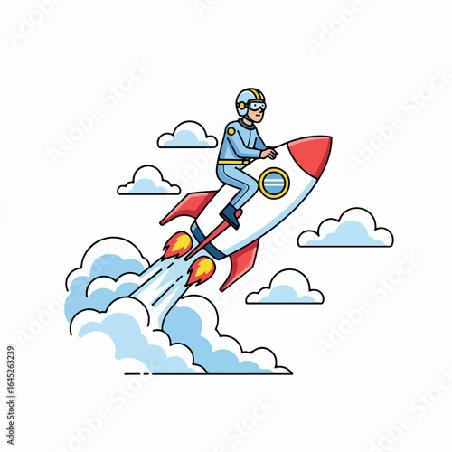 Dynamic businessman astride rocket soaring through clouds, embracing innovation and success
