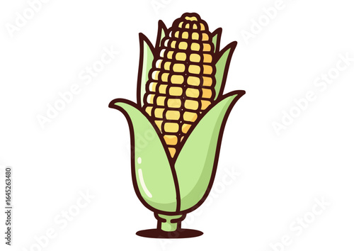 Cute cartoon corn on the cob illustration with green husk and yellow kernels