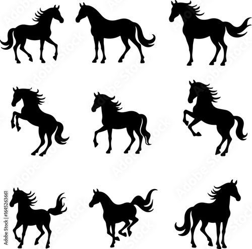 "Running & Rearing Horse Silhouettes – Vector Set of Majestic Equine Poses"