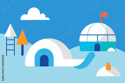Winter Playground with Snow Slides and Igloo Structures