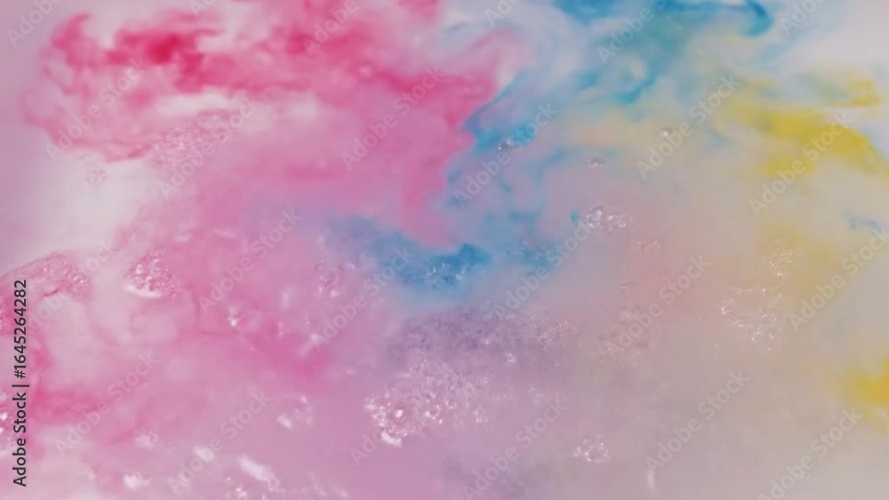 Macro view of a colorful fizzing bath bomb dissolving in water, creating an abstract background of pink, blue, and yellow foam. Macro view of a colorful fizzing bath bomb dissolving in water, creating an abstract background of pink, blue, and yellow foam.