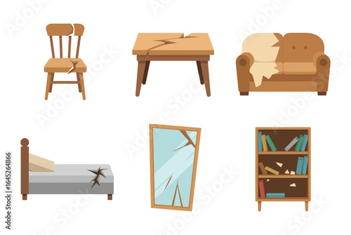 Worn furniture salvage set, distressed bed broken mirror scattered books dented chair, secondhand furniture vector, restoration concept art