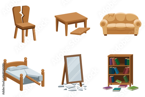 Antique furniture damage illustrations, old wooden chair cracked tabletop torn upholstery sagging sofa, vintage repair vector, salvage shop design