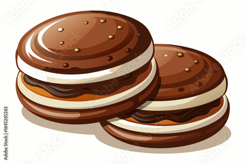 Chocolate sandwich cookies stacked with creamy filling and icing  