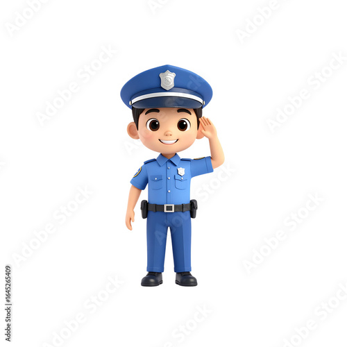 A humorous cartoon police officer stands tall in his uniform and hat, proudly displaying his badge