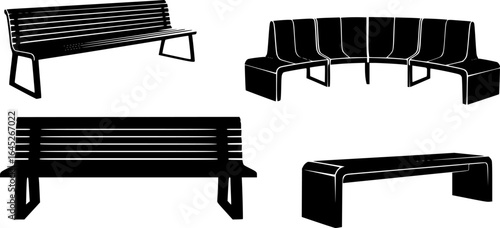 Multiple park benches, black and white, various designs, wooden slats, cast iron frames, shadows, graphic illustration, high contrast