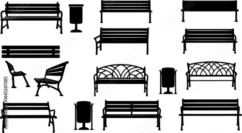 Multiple park benches, black and white, various designs, wooden slats, cast iron frames, shadows, graphic illustration, high contrast