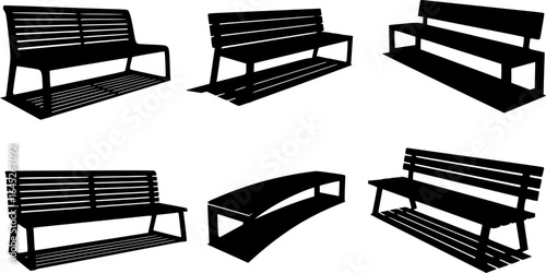 Multiple park benches, black and white, various designs, wooden slats, cast iron frames, shadows, graphic illustration, high contrast