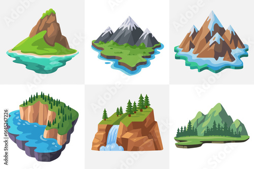 Mountain island icon set, alpine peak and lake vector, rocky cliff illustration, green hill clipart, wilderness landscape elements