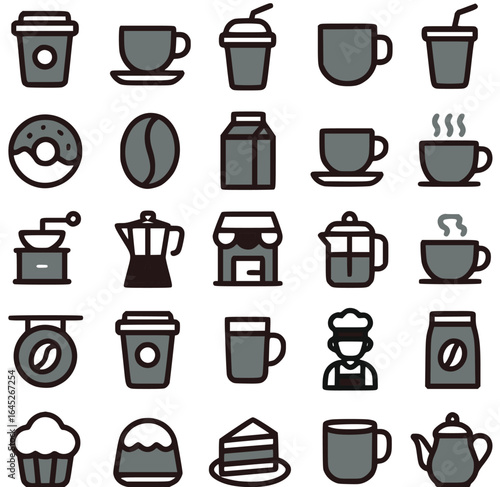 A collection of coffee and cafe-related icons, including cups, beans, donuts, a coffee grinder, and a barista.