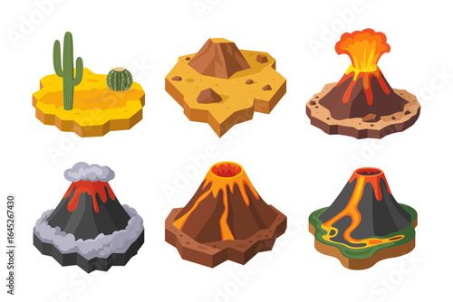 Cinder cone and volcanic island pack, lava plume basalt rock vector, dramatic eruption illustration, explorer map element, game environment art