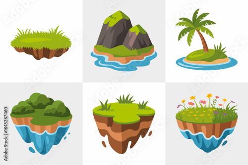 Tropical floating island pack, palm tree waterfall rock platform vector, lush oasis illustration, adventure game prop, printable poster art