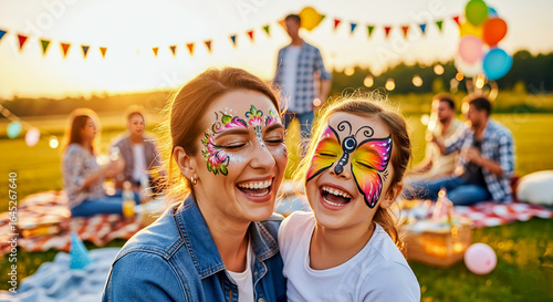 Fototapeta Naklejka Na Ścianę i Meble -  Mother and daughter with vibrant colorful flower and butterfly face paint. Parenting, outdoor birthday party, summer picnic, family holiday, children event, marketing campaigns concept. 