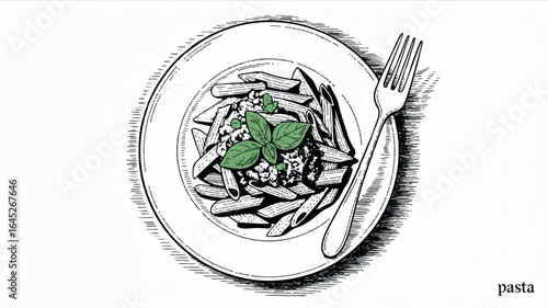 Hand drawn sketch of a delicious pasta dish on a white plate