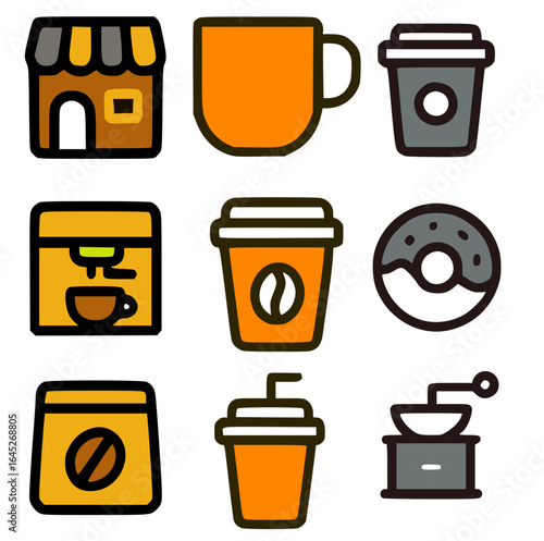 A collection of illustrated coffee-related icons, including cups, shop, and equipment.