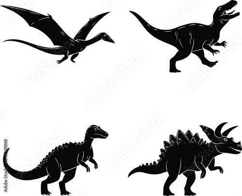 Dinosaur silhouettes vector illustration of pterodactyl tyrannosaurus rex and stegosaurus collection set art design