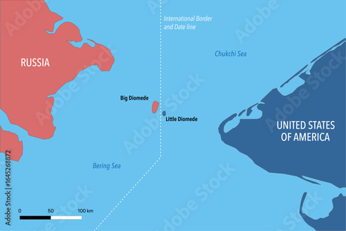 Map of the Diomede Islands Showing International Border and Date Line