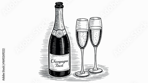 Black and white woodcut illustration of a champagne bottle and two flutes