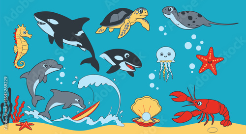 Vibrant Cartoon Underwater Scene with Diverse Marine Life