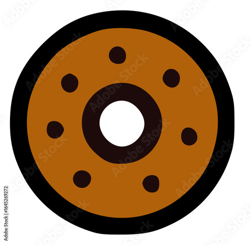 A simple illustration of a brown donut with dark chocolate sprinkles and a white hole.
