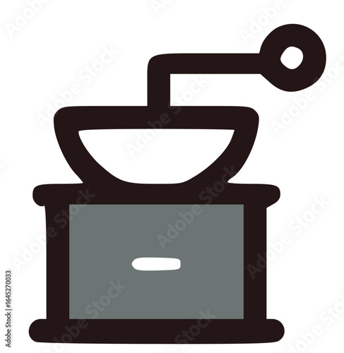 A hand-cranked coffee grinder, simple line art illustration.