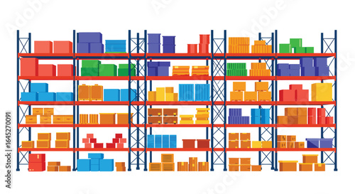 A stylized warehouse with stacked shelves and colorful boxes inventory