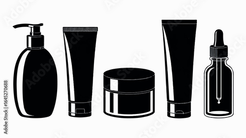Collection of black silhouette cosmetic and skincare product icons arranged on a white background