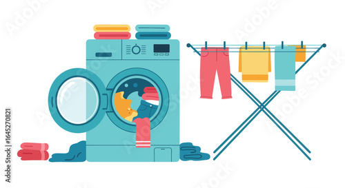 Stylized flat vector illustration of a vibrant laundry room with washing machine