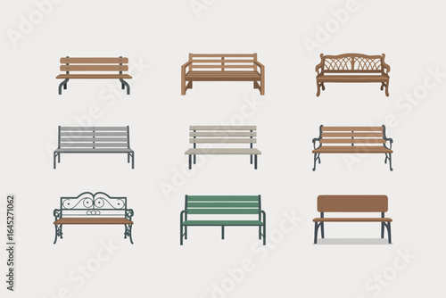 Park bench and garden seat icon set, outdoor furniture vector, city park illustration, public seating clipart, landscape design elements